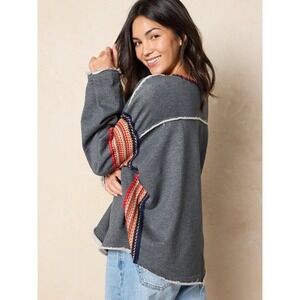 Natural Life Knit Trim Sweatshirt Womens Large Boho Embroidered Casual Charcoal